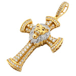 14K Gold Diamond Pendant – Cross with Lion Head Ruby Eyes – 3.00 CTW