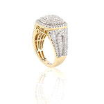 Gold ring with diamond accents on a white background