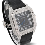 Custom Diamond Cartier 40MM Santos Watch – Iced Out Black Roman Dial & Leather Strap – 9.0 CTW