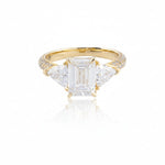 14K Gold Lab Diamond Engagement Ring – Emerald Solitaire with Trillian Side Stone – 3.50 CTW