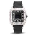 Custom Diamond Cartier 40MM Santos Watch – Iced Out Black Roman Dial & Leather Strap – 9.0 CTW