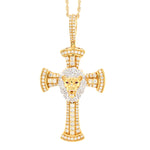 14K Gold Diamond Pendant – Cross with Lion Head Ruby Eyes – 3.00 CTW