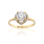 Gold ring with a large central diamond and smaller diamonds around on a white background