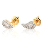 Gold earrings with diamond accents on a white background