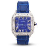 Custom Diamond Cartier 40MM Santos Watch – Iced Out Blue Roman Dial & Leather Strap – 4.50 CTW