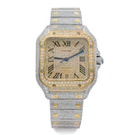 Custom Diamond Cartier 40MM Santos Watch – Iced Out Two Tone Gold Roman Dial – 13.00 CTW