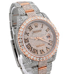 Custom Diamond Rolex 41MM DateJust Watch – Iced Out Single Row Two Tone Rose Roman Dial – 18.00 CTW