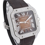 Custom Diamond Cartier 40MM Santos Watch – Iced Out Brown Roman Dial & Leather Strap – 4.50 CTW