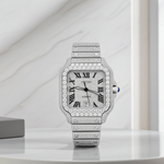 Custom Lab Diamond Cartier 40MM Santos Watch – Iced Out Stainless Steel Roman Dial – 18.00 CTW