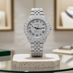 Custom Diamond Rolex 36MM DateJust Watch – Iced Out Flower Cluster All White Roman Dial – 12.00 CTW