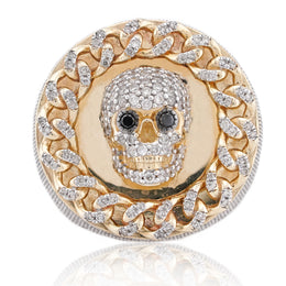10K Gold Diamond Men's Ring – Skull with Cuban Link Pave Set Bezel – 1.75 CTW