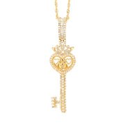 10K Gold Diamond Pendant – Key with Lady, Heart & Crown – 1.53 CTW