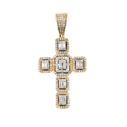 10K Gold Diamond Pendant – Cross Two Tone with Baguette Center – 0.83 CTW
