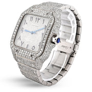 Custom Diamond Cartier 40MM Santos Watch – Iced Out Stainless Steel Arabic Dial – 13.00 CTW