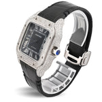 Custom Diamond Cartier 40MM Santos Watch – Iced Out Black Roman Dial & Leather Strap – 9.0 CTW