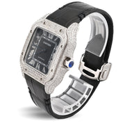 Custom Diamond Cartier 40MM Santos Watch – Iced Out Black Roman Dial & Leather Strap – 9.0 CTW