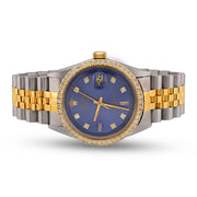 Custom Diamond Bezel Rolex 36MM DateJust Watch – Two Tone 10 Pointer Blue Dial – 2.50 CTW