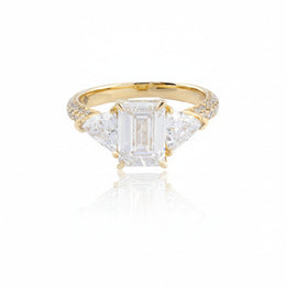 14K Gold Lab Diamond Engagement Ring – Emerald Solitaire with Trillian Side Stone – 3.50 CTW