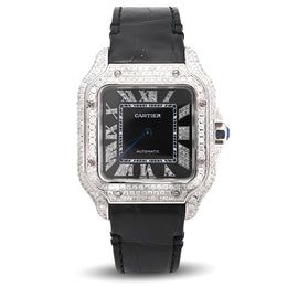 Custom Diamond Cartier 40MM Santos Watch – Iced Out Black Roman Dial & Leather Strap – 9.0 CTW
