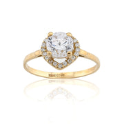 Gold ring with a large central diamond and smaller diamonds around on a white background