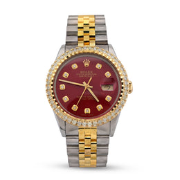 Custom Diamond Bezel Rolex 36MM DateJust Watch – Two Tone 10 Pointer Red Dial – 2.50 CTW