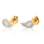 Gold earrings with diamond accents on a white background