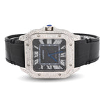 Custom Diamond Cartier 40MM Santos Watch – Iced Out Black Roman Dial & Leather Strap – 9.0 CTW