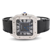Custom Diamond Cartier 40MM Santos Watch – Iced Out Black Roman Dial & Leather Strap – 9.0 CTW