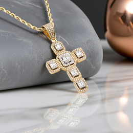 10K Gold Diamond Cross Pendant – Two Tone with Baguette Center – 0.83 CTW