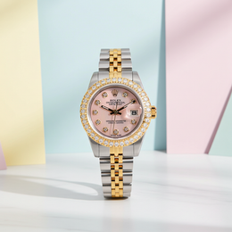 Custom Diamond Bezel Rolex 26MM DateJust Watch – Two Tone 10 Pointer Pink MOP Dial – 1.50 CTW