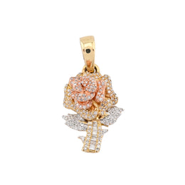 10K Gold Diamond Pendant – Tri-Color Gold Floral Charm with Baguette – 0.60 CTW