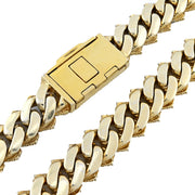 yellow gold Miami Cuban link chain featuring a solid box clasp and pavé diamond detailing along the side profile of the links by SB Jewelers.