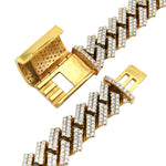 yellow gold iced out cuban link chain featuring prong-set round brilliant diamonds and a custom box clasp by SB Jewelers.


