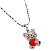 10K Gold Diamond Pendant – Teddy Bear Charm with Red Heart and Cheeks – 1.30 CTW