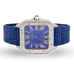 Custom Diamond Cartier 40MM Santos Watch – Iced Out Blue Roman Dial & Leather Strap – 4.50 CTW