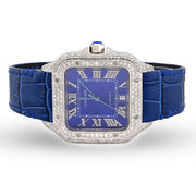 Custom Diamond Cartier 40MM Santos Watch – Iced Out Blue Roman Dial & Leather Strap – 4.50 CTW