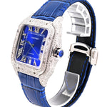 Custom Diamond Cartier 40MM Santos Watch – Iced Out Blue Roman Dial & Leather Strap – 4.50 CTW