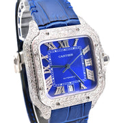 Custom Diamond Cartier 40MM Santos Watch – Iced Out Blue Roman Dial & Leather Strap – 4.50 CTW