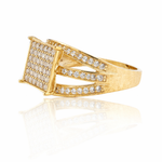 Gold ring with diamond accents on a white background