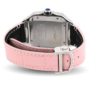 Custom Diamond Cartier 40MM Santos Watch – Iced Out Pink Roman Dial & Leather Strap – 9.0 CTW