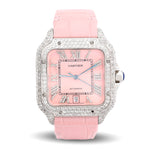 Custom Diamond Cartier 40MM Santos Watch – Iced Out Pink Roman Dial & Leather Strap – 9.0 CTW