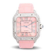Custom Diamond Cartier 40MM Santos Watch – Iced Out Pink Roman Dial & Leather Strap – 9.0 CTW