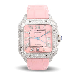 Custom Diamond Cartier 40MM Santos Watch – Iced Out Pink Roman Dial & Leather Strap – 9.0 CTW