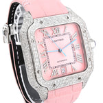 Custom Diamond Cartier 40MM Santos Watch – Iced Out Pink Roman Dial & Leather Strap – 9.0 CTW