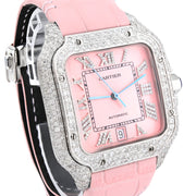 Custom Diamond Cartier 40MM Santos Watch – Iced Out Pink Roman Dial & Leather Strap – 9.0 CTW
