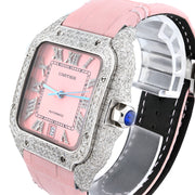 Custom Diamond Cartier 40MM Santos Watch – Iced Out Pink Roman Dial & Leather Strap – 9.0 CTW
