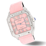 Custom Diamond Cartier 40MM Santos Watch – Iced Out Pink Roman Dial & Leather Strap – 9.0 CTW