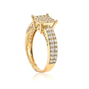 Gold ring with diamond accents on a white background