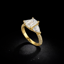 14K Gold Lab Diamond Engagement Ring – Emerald Solitaire with Trillian Side Stone – 3.50 CTW