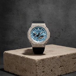 Custom Diamond G-Shock GMB2100 Watch – Iced Out Mosaic Bezel Arctic Blue Face – 8.20 CTW